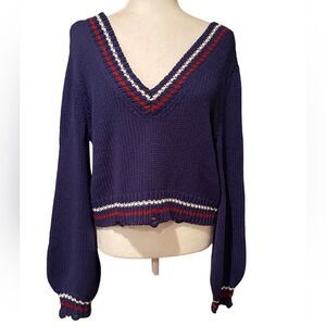 Lovers + Friends Navy Cropped Sweater Size Large V Neck